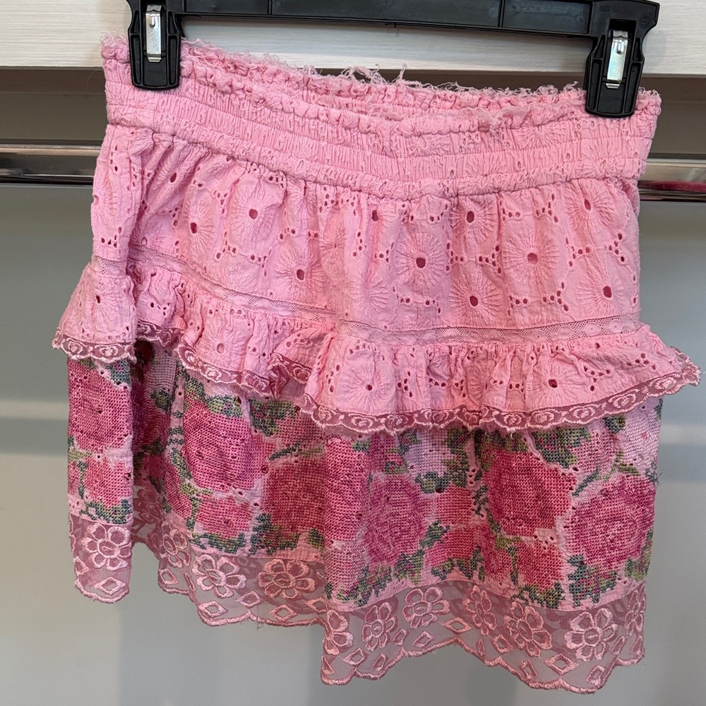 LoveShackFancy Pink Eyelet & Floral Tiered Mini Skirt